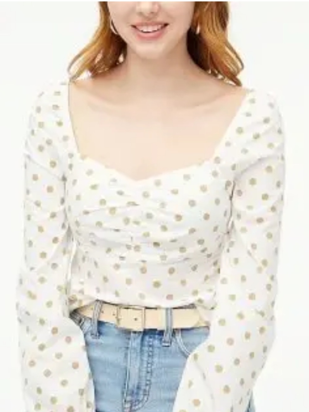 NWT J. Crew Polka Dot Peasant Top Cotton 2 White Tan Sweetheart Neckline